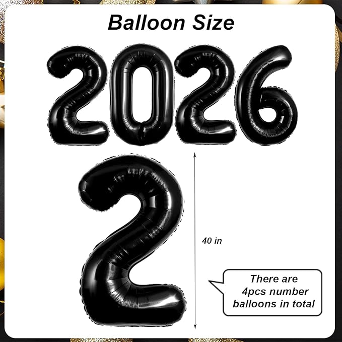 Black 2026 Balloons - 40 inch Number Balloon - Graduation Balloons for Class of 2026 Decorations - Congrats Grad Balloons for Graduation Decorations 2026 - Grad Party Decor Supplies