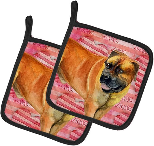 Caroline's Treasures BB9733PTHD Boerboel Mastiff Love Pair of Pot Holders, Red Kitchen Heat Resistant Pot Holders Sets Oven Hot Pads for Cooking Baking BBQ, 7 1/2 x 7 1/2