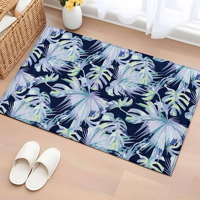 Area Rug 2x3ft, Watercolor Blue Teal Palm Leaves Washable Rugs for Living Room Bedroom, Abstract Botanical Soft Non-Slip Area Rugs Rectangle Floor Carpet for Dining Room