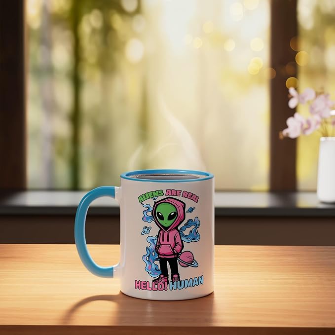 Aliens Are Real UFO Flying Saucer Grey Alien Sci-Fi Art Ceramic Mug, Blue/White