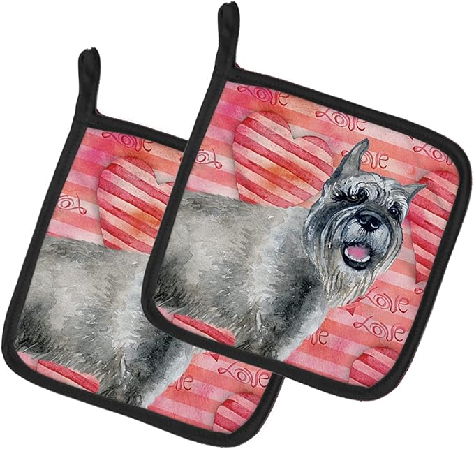 Caroline's Treasures BB9749PTHD Schnauzer Love Pair of Pot Holders, Red Kitchen Heat Resistant Pot Holders Sets Oven Hot Pads for Cooking Baking BBQ, 7 1/2 x 7 1/2