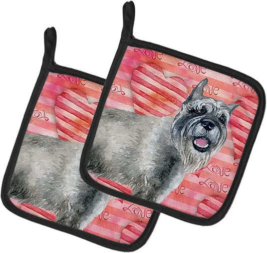Caroline's Treasures BB9749PTHD Schnauzer Love Pair of Pot Holders, Red Kitchen Heat Resistant Pot Holders Sets Oven Hot Pads for Cooking Baking BBQ, 7 1/2 x 7 1/2