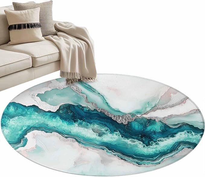 Washable Round Area Rug Abstract Blue Marble Texture Circle Rugs Floor Carpet for Living Room Bedroom, Modern Luxury Pattern Soft Non Slip Round Rug 4ft