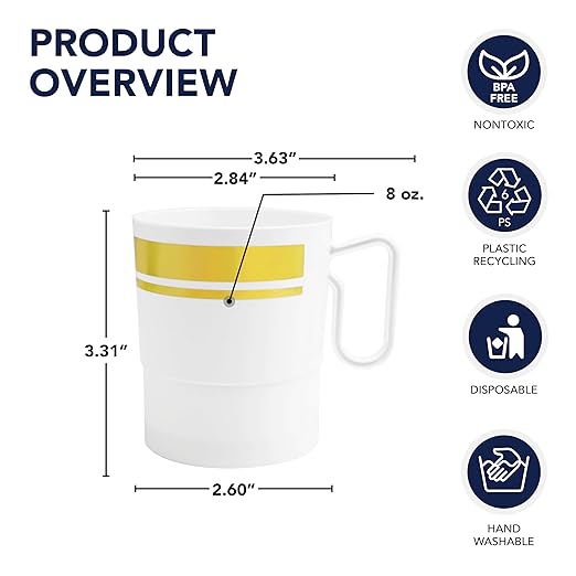 Party Essentials Bistro Hard Plastic Coffee Cup/Tea Mug w/Handle, 40 Count, 8-Ounce, White with Gold Rim