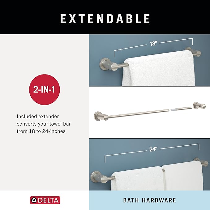 Delta Nicoli (1-Pack) 18'' w/ 6" Extender Towel Rack for Bathroom SpotShield Brushed Nickel Extendable 18-24" Towel Bar for Bathroom Wall Towel Holder Rod Wall Mounted NIC18-DN