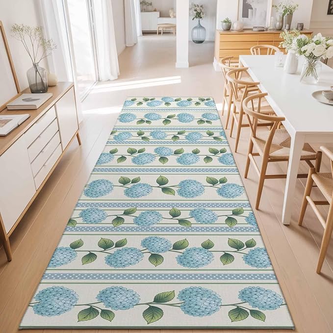 Runner Rug for Bedroom Hallway, Spring Blue Flower Hydrangea Leaf Kitchen Runner Rugs Area Rug 2x6ft, Floral Stripes on Linen Washable Soft Floor Carpet for Entryway Stair
