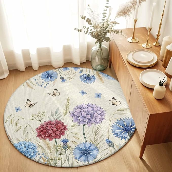 Washable Round Area Rug Spring Watercolor Garden Flower Circle Rugs Floor Carpet for Living Room Bedroom, Hydrangea Floral on Burlap Soft Non Slip Round Rug 5ft