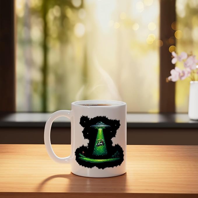 Retro Pixel Art UFO Abducting Golf Cart Funny Alien Golfing Ceramic Mug, White
