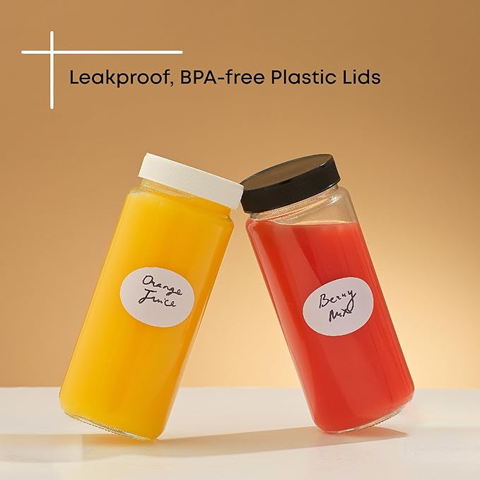 JoyJolt 16 oz Reusable Glass Bottles with Caps. Set of 8 Juicing Bottles With Lids and Juice Jars Labels. Glasses for Cold Brew, Smoothie