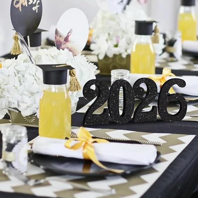 TONIFUL 4 Inch 2026 Black Glitter Table Centerpiece Sign 2026 Number Word Sign,2026 Wooden Numbers Block for New Year Eve,Graduation,Chrismas,Anniversary Party Supplies