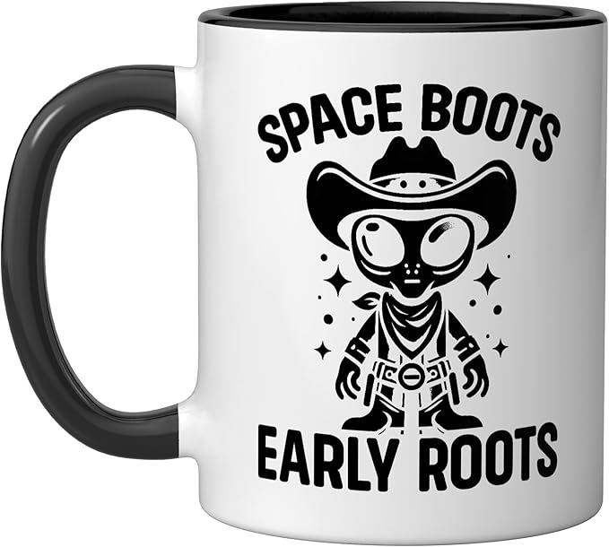 Alien Lover Flying Saucer UFO Extraterrestrial Cowboy Ceramic Mug, Black/White