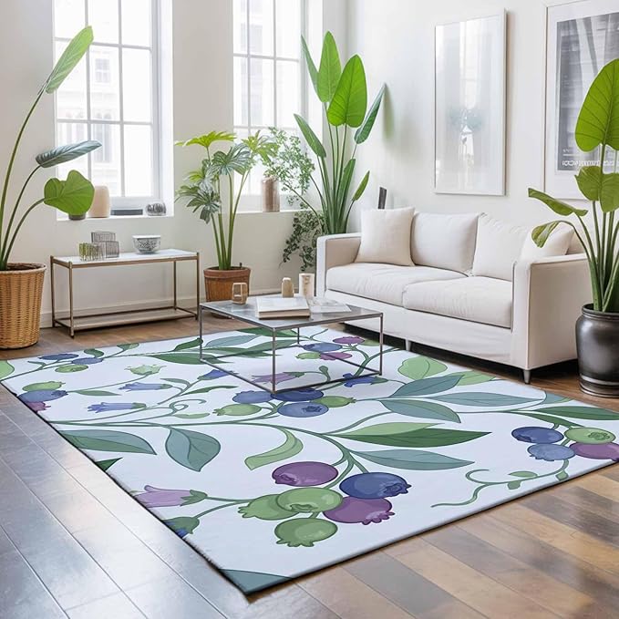Area Rug 8x10ft, Blueberries Bell Flowers Washable Rugs for Living Room Bedroom, Modern Watercolor Plants Soft Non-Slip Area Rugs Rectangle Floor Carpet for Dining Room