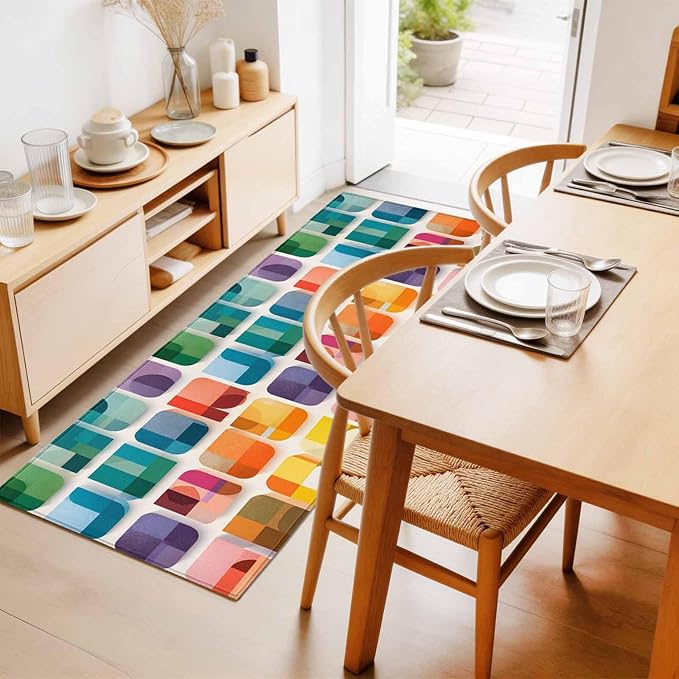 Runner Rug for Bedroom Hallway, Modern Geometric Squares Kitchen Runner Rugs Area Rug 2x6ft, Colorful Abstract Art Washable Soft Floor Carpet for Entryway Stair