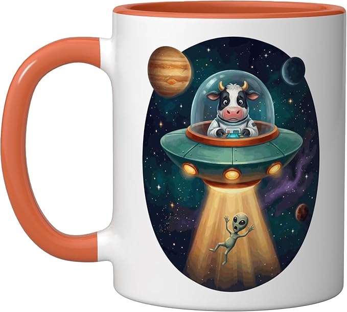 Fuuny Cow Astronaut UFO Abducting Alien Space Farm Ceramic Mug, Orange/White