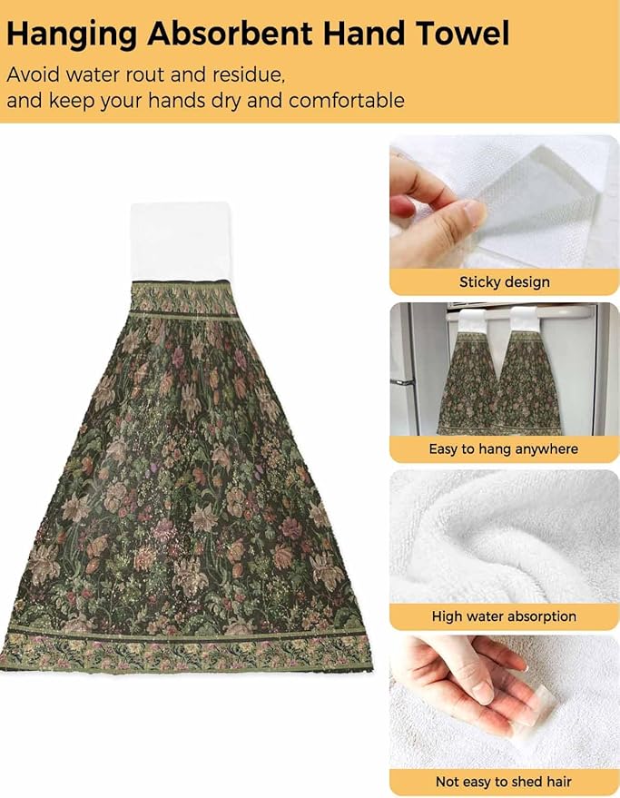 Alandar Home Kitchen Tie Towel Set of 2, Retro Flower Botanical on Green Absorbent Soft Hand Towels for Bathroom Hanging Towels, Vintage Ethnic Style Fast Drying Cleaning Cloth with Loop