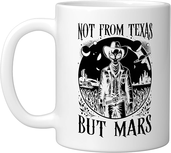 Alien Lover Flying Saucer UFO Extraterrestrial Cowboy Ceramic Mug, White