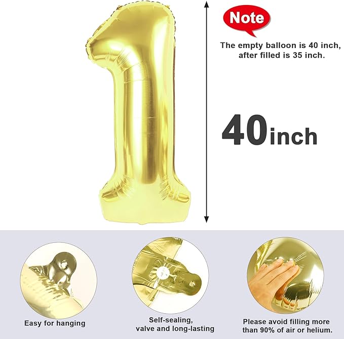 Number Balloons 1, 40 Inch One Balloons for 1st Birthday Girl Boy 1 11 21 Party Decorations Baby Shower Photo Shoot, Light Gold 1 Balloon