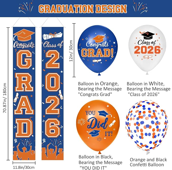 Graduation Blue and Orange Decorations 2026 Include Grad Backdrop, Banner, Hanging Swirls, Porch Sign, Balloons for Congrats Grad Party Decorations