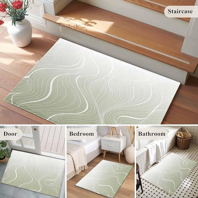 Area Rug 2x3ft, Sage Green Wavy Gradient Stripes Washable Rugs for Living Room Bedroom, Geometric Abstract Art Soft Non-Slip Area Rugs Rectangle Floor Carpet for Dining Room