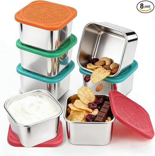 Stainless Steel Snack Box Containers - 8 Pack 6oz Reusable Small Snack Containers with Silicone Lids, 304 Metal Stackable Food Storage Cups, Salad Dressing Dipping Sauce for Travel, Picnic