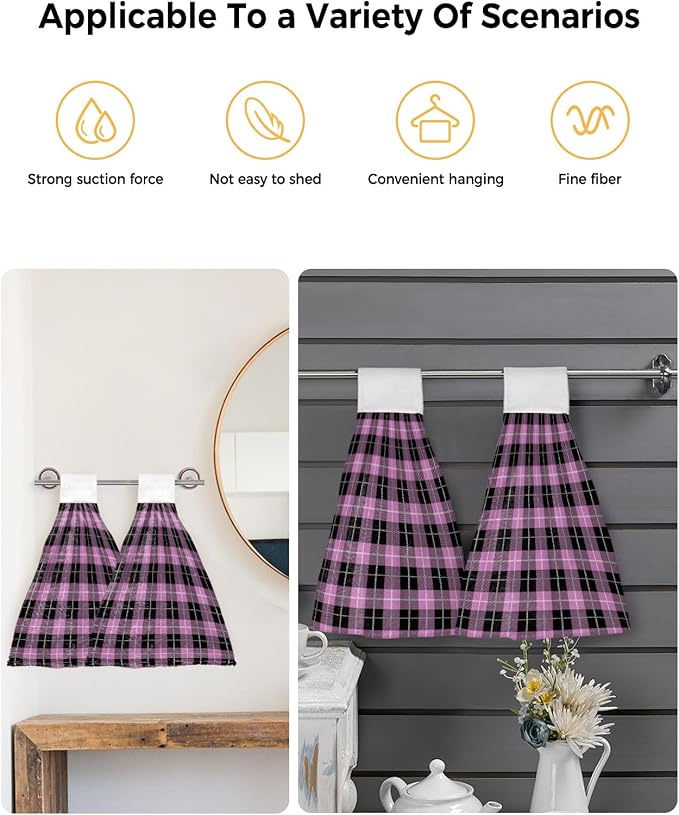 Alandar Home Kitchen Tie Towel Set of 1, Vintage Purple Black Tartan Plaid Absorbent Soft Hand Towels for Bathroom Hanging Towels, Retro Geometric Art Fast Drying Cleaning Cloth with Loop