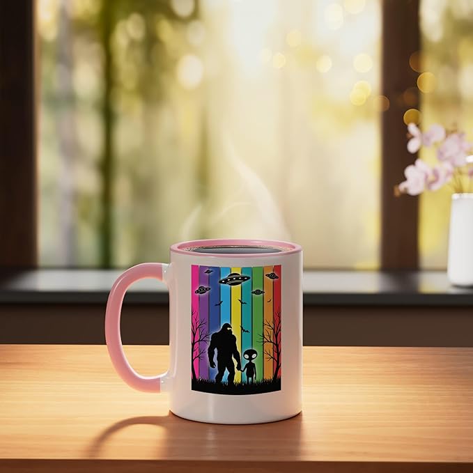 Bigfoot Holding Hands With Alien Ufo Rainbow Sci Fi Ceramic Mug, Pink/White