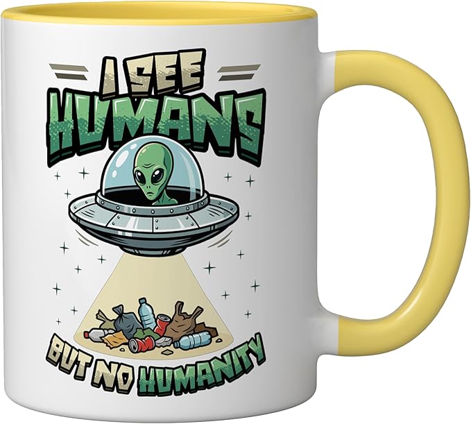 Aliens UFO Extraterrestrial Space Flying Saucer No Humanity Ceramic Mug, Yellow/White