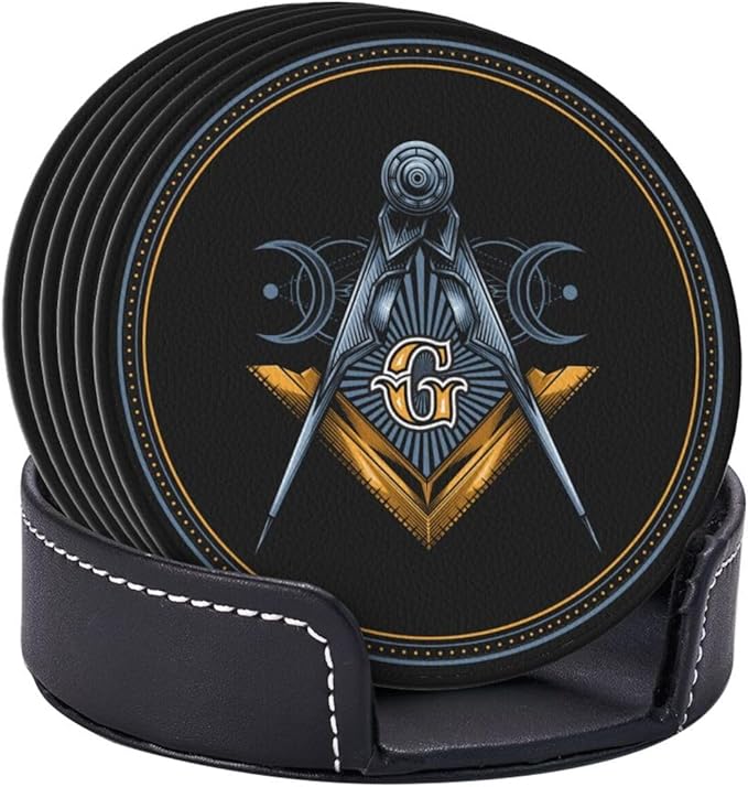 Masonic Freemason Gold Leather Drinks Coasters with Holder, Set of 6, Suitable for Various Cups