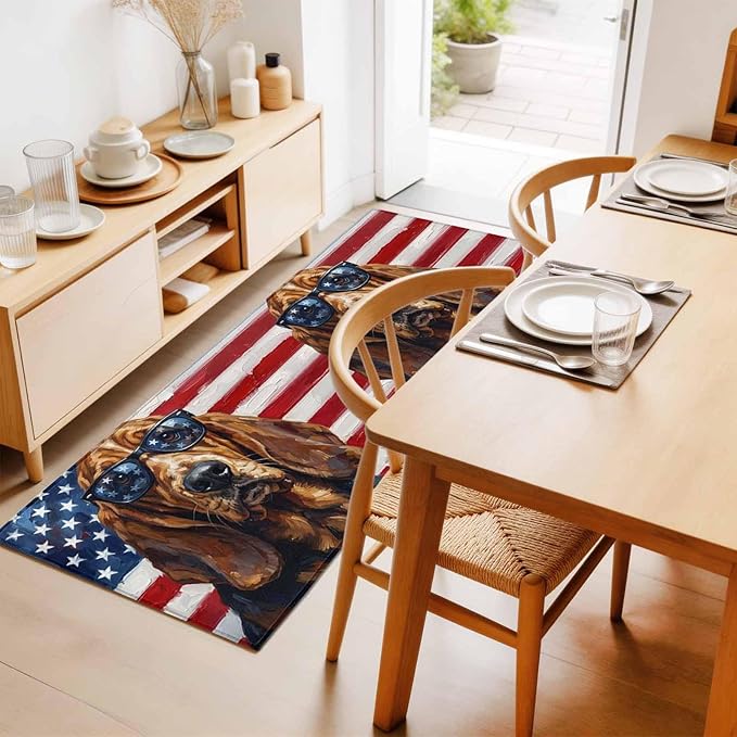 Runner Rug for Bedroom Hallway, Independence Day USA Flag Kitchen Runner Rugs Area Rug 2x6ft, Basset Hound Patriotic Sunglasses Washable Soft Floor Carpet for Entryway Stair