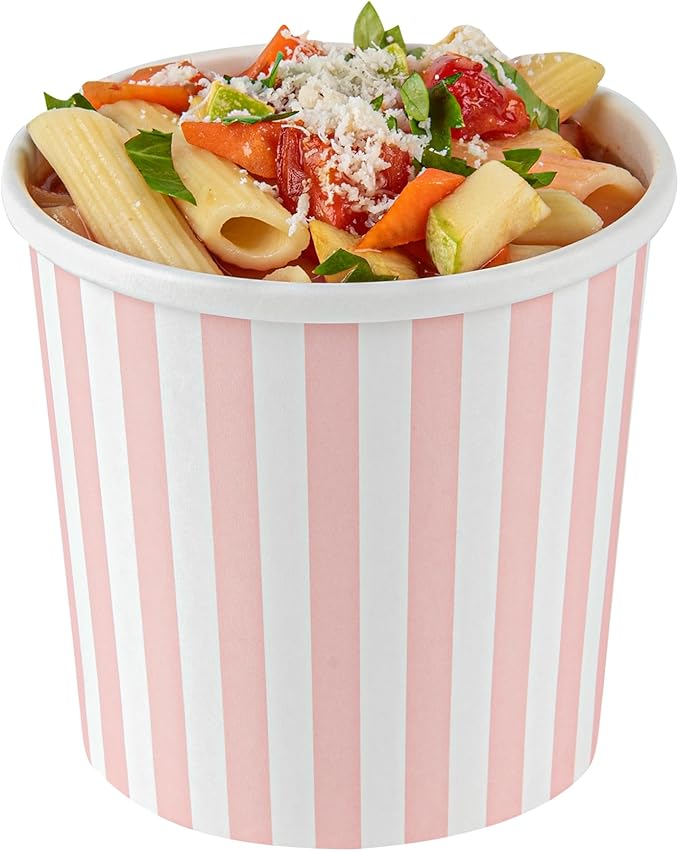 Restaurantware Bio Tek 12 Ounce Soup Containers 200 Durable Soup Bowls - Disposable Sustainable Pink And White Paper Soup Cups Striped Round For Hot Or Cold Foods