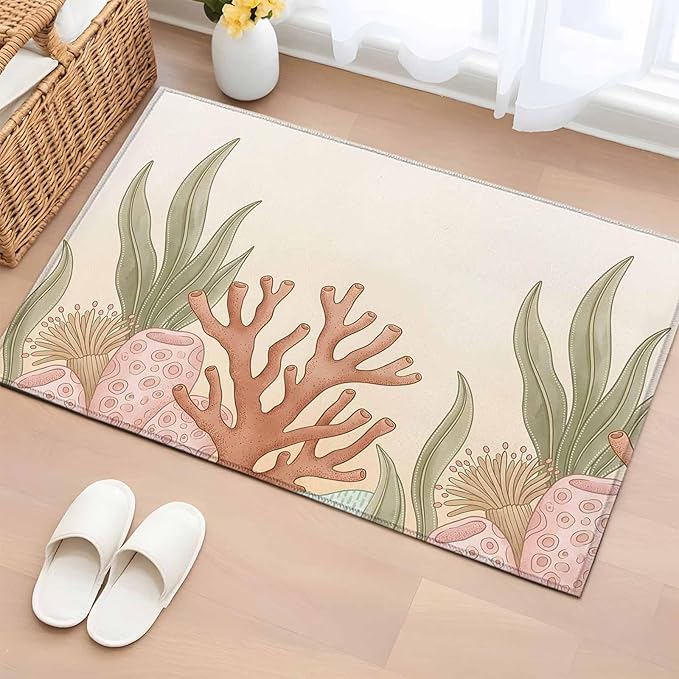 Area Rug 2x3ft, Ocean Coral Seaweed Shell Reef Washable Rugs for Living Room Bedroom, Watercolor Marine Theme Soft Non-Slip Area Rugs Rectangle Floor Carpet for Dining Room