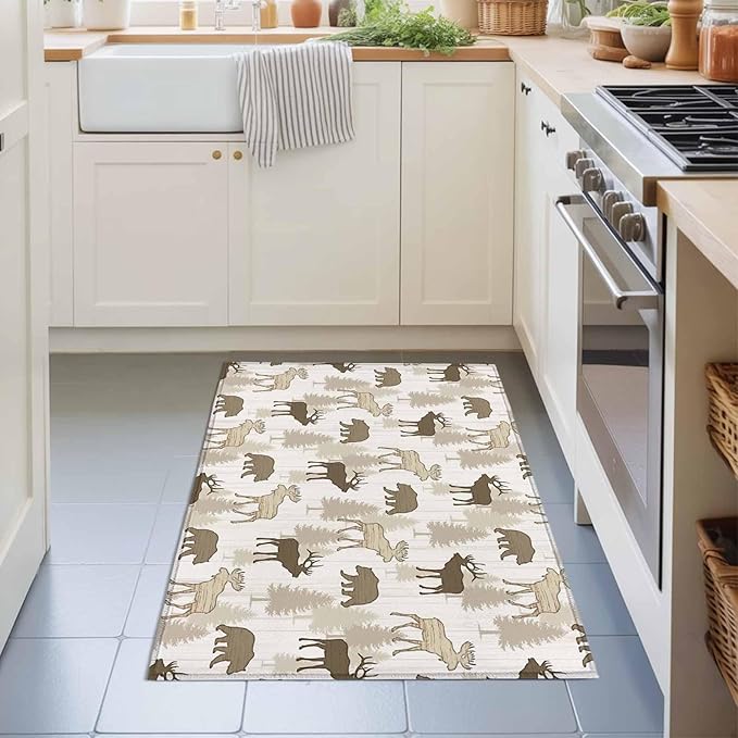 Area Rug 2x3ft, Animal Moose Bears Washable Rugs for Living Room Bedroom, Retro Rustic Pine Trees Soft Non-Slip Area Rugs Rectangle Floor Carpet for Dining Room