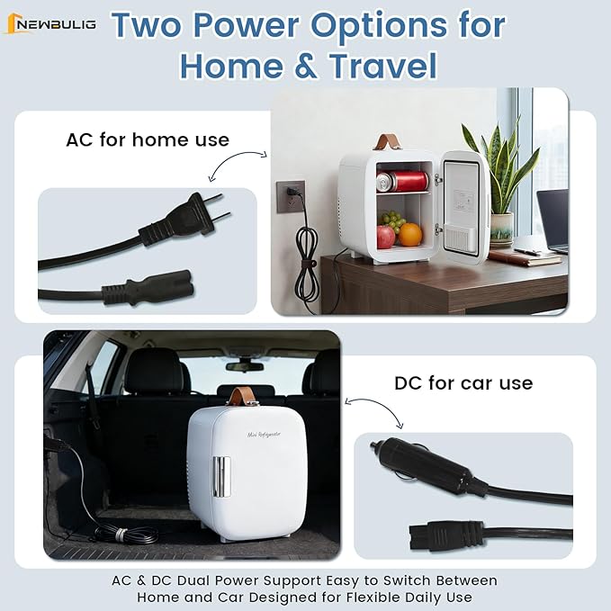 NEWBULIG Mini Fridge for Bedroom, Office & Car, Portable 4L/4.23QT Mini Refrigerator for Skincare with Handle, Ultra-Quiet Energy-Saving Compact Cooler for Drinks, Food, Skincare & Makeup, 12V AC/DC