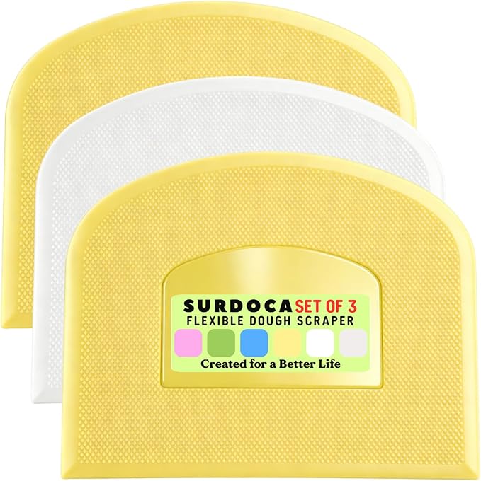 SURDOCA Dough Scraper Bench Scraper - 3P 4.7x3.7" Plastic Flexible Bowl Scraper, Sharp Edge & Angles Cake Scraper. Non-Slip Bakeware Decorating Tools Sculpting & Modeling Tools - Yellow+White+Yellow