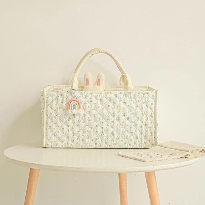 Quilted Fabric Storage Basket Floral Baby Diaper Caddy Quilted Basket for Nursery Bedroom Car Storage (L- Green)