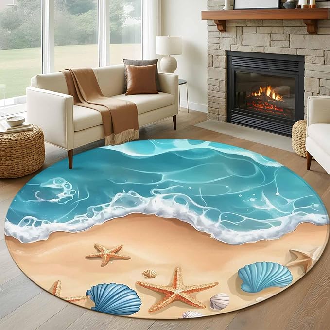 Washable Round Area Rug Summer Beach Shell Starfish Circle Rugs Floor Carpet for Living Room Bedroom, Marine Life Cartoon Style Soft Non Slip Round Rug 5ft