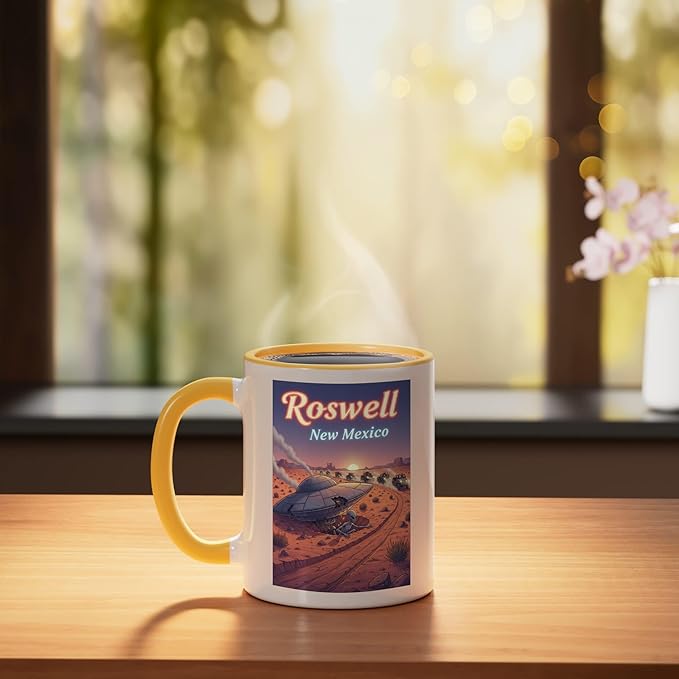 Roswell New Mexico UFO Crash in the Desert Alien Souvenir Ceramic Mug, Yellow/White