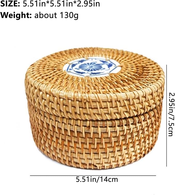 Rattan Box with Lid: Blue-and-White Porcelain Decorative Rattan Storage Box, Hand-Woven Wicker Storage Basket with Lid, for Sundries Tea Case Picnic Food Containers (Round 2, 5.51in*5.51in*2.95in)