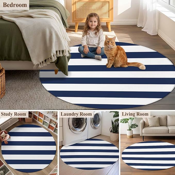 Washable Round Area Rug Nautical Black and White Stripes Circle Rugs Floor Carpet for Living Room Bedroom, Striped Soft Non Slip Round Rug 5ft