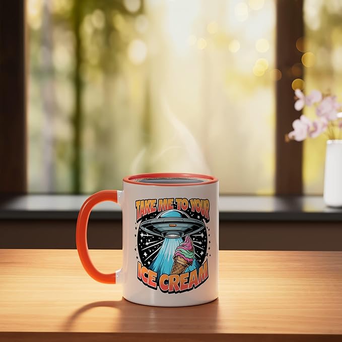 Take Me to Your Ice Creams UFO Abduction Funny Ice Cream Ceramic Mug, Orange/White