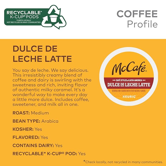 McCafé Dulce de Leche Latte, One Step Latte Single Serve Keurig K-Cup Pods, Flavored Coffee, 60-Count Box (6 Packs of 10)
