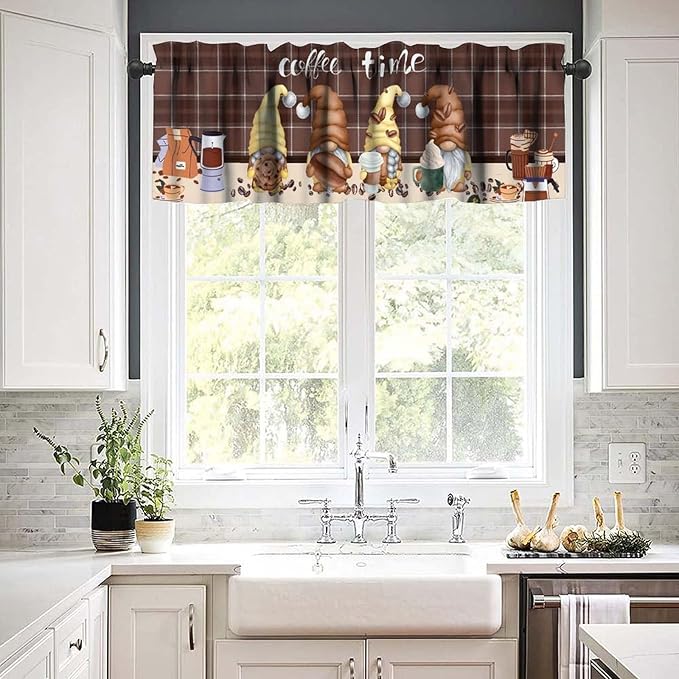 Coffee Gnome Curtain Valance, Rustic Vintage Brown Plaid Beans Drinks Latte Cappuccino Farmhouse Country Short Window Drapes for Kitchen Cafe Dining Room Bedroom Living Room, 54x18Inch