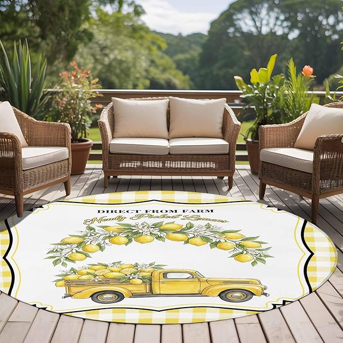 Washable Round Area Rug Farm Yellow Truck Lemon Fruit Circle Rugs Floor Carpet for Living Room Bedroom, Flower Leaves Buffalo Plaid Soft Non Slip Round Rug 5ft