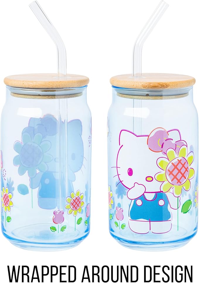 Silver Buffalo Sanrio Hello Kitty Floral Glass Tumbler with Bamboo Lid and Glass Straw, 16 Ounces