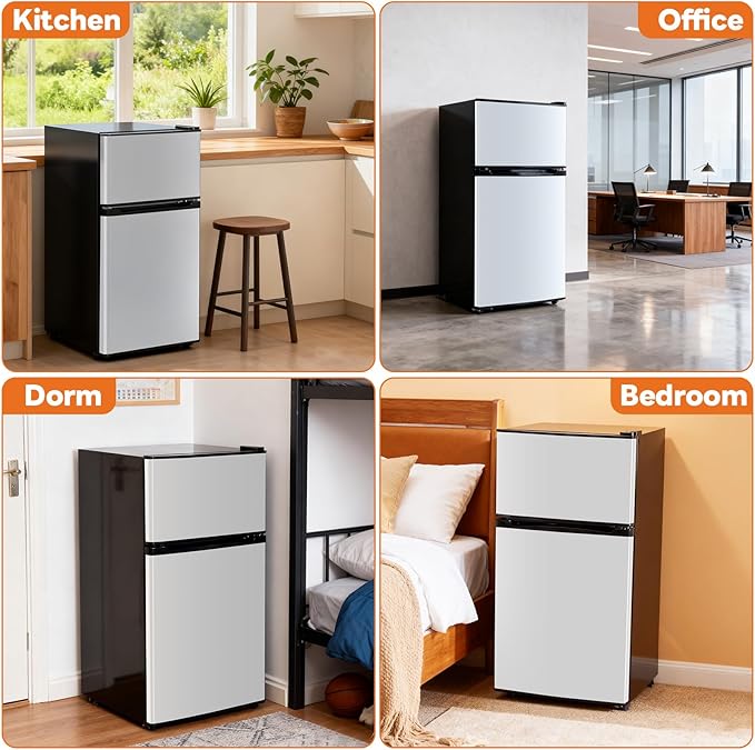 Sweetcrispy 3.2 Cu.Ft Mini Fridge with Freezer, 2 Door Small Refrigerator with Adjustable Thermostat Energy-efficient Low Noise, Compact Fridge for Bedroom, Office, Dorm, Silver