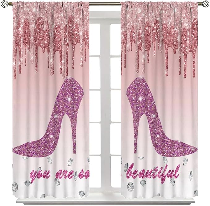 High Heels Blackout Curtain,Rose Gold Drips Women Girls Print Window Curtains Cloth Farbic for Bedroom Cafe Dining Room Office Living Room Kitchen Drapes, 63x72 in