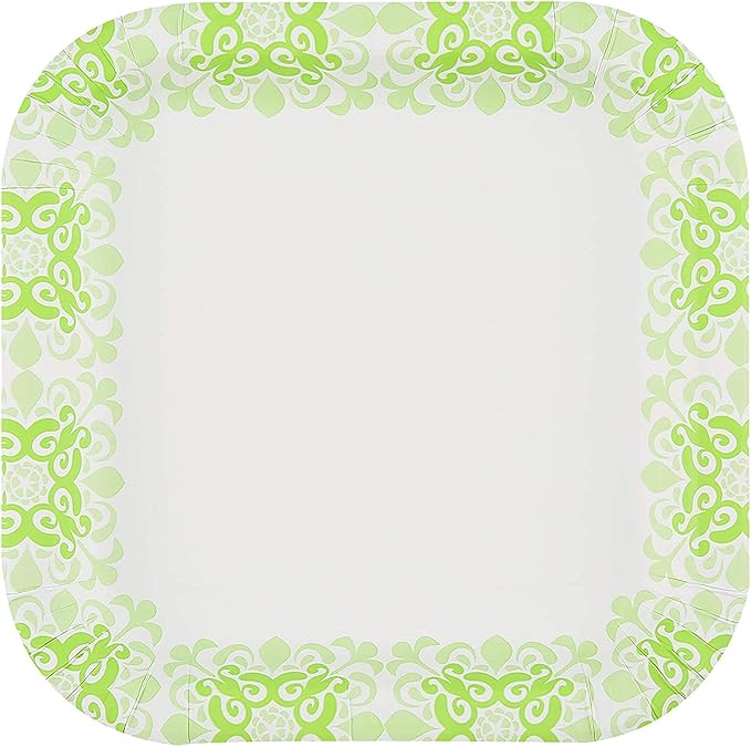 Glad Square Heavy Duty Paper Plates, Soak Proof and Cut Proof Disposable Plates for Parties and Everyday Meals, Microwaveable for Easy Serving, Green Victorian Pattern, 10 Inch, 100 Count - 6 Pack