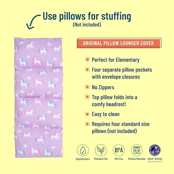 Wildkin Kids Pillowcase Lounger Cover – Travel-Friendly Sleepover Lounger, Fits Standard Pillows (Pillows Not Included), Soft Cotton Blend, Fun Patterns for Boys & Girls - Unicorns
