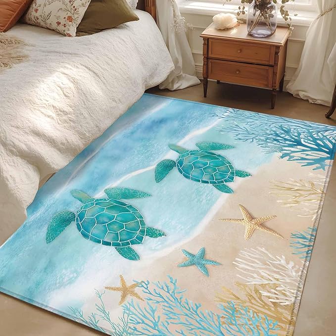 Area Rug 4x6ft, Sea Turtle Starfish Coral Washable Rugs for Living Room Bedroom, Summer Seaside Ocean Life Soft Non-Slip Area Rugs Rectangle Floor Carpet for Dining Room
