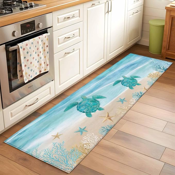 Runner Rug for Bedroom Hallway, Sea Turtle Starfish Coral Kitchen Runner Rugs Area Rug 2x6ft, Summer Seaside Ocean Life Washable Soft Floor Carpet for Entryway Stair
